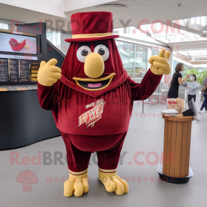 Maroon French Fries mascot costume character dressed with a Oxford Shirt and Shawl pins