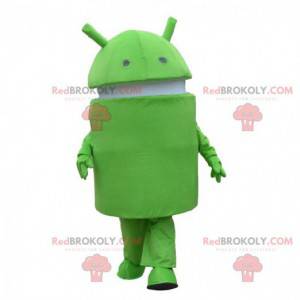 Android mascot, green and white robot costume, mobile phone