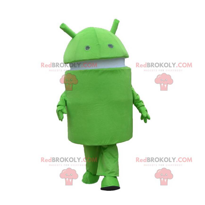 Android mascot, green and white robot costume, mobile phone