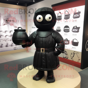 Black Miso Soup mascot costume character dressed with a Turtleneck and Handbags