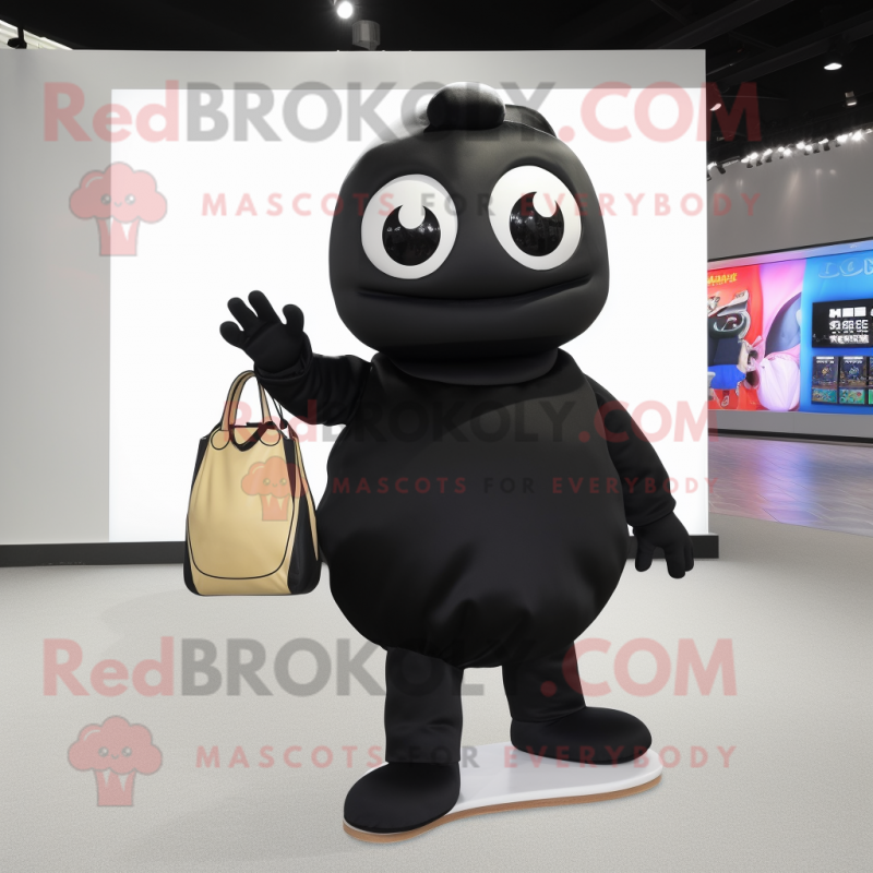 Black Miso Soup mascot costume character dressed with a Turtleneck and Handbags