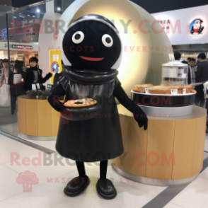 Black Miso Soup mascot costume character dressed with a Turtleneck and Handbags