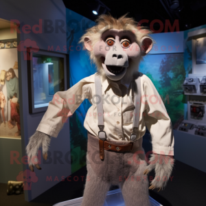 Silver Baboon mascot costume character dressed with a Blouse and Suspenders