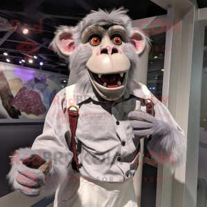 Silver Baboon mascot costume character dressed with a Blouse and Suspenders