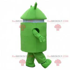 Android mascot, green and white robot costume, mobile phone