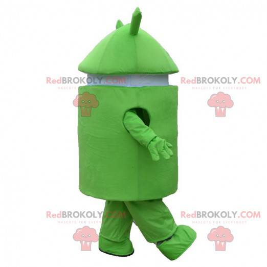 Android mascot, green and white robot costume, mobile phone