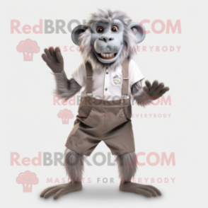 Silver Baboon mascot costume character dressed with a Blouse and Suspenders