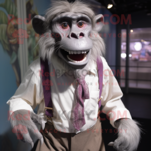 Silver Baboon mascot costume character dressed with a Blouse and Suspenders