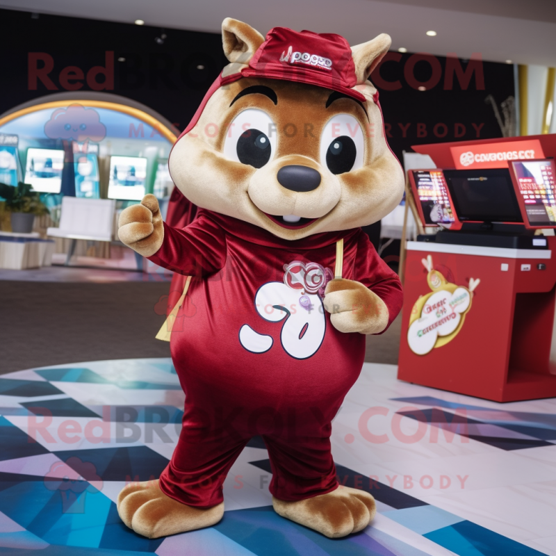 Maroon Chipmunk mascot costume character dressed with a Bodysuit and Coin purses Maroon Chipmunk mascot costume character dressed with a Bodysuit and Coin purses