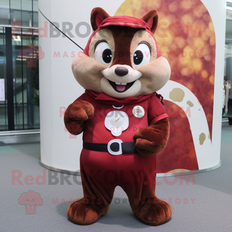 Maroon Chipmunk mascot costume character dressed with a Bodysuit and Coin purses