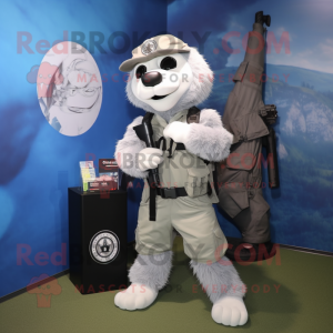 Silver Sniper mascot costume character dressed with a V-Neck Tee and Messenger bags