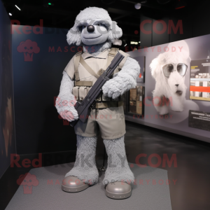 Silver Sniper mascot costume character dressed with a V-Neck Tee and Messenger bags