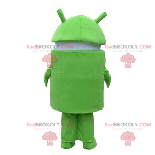 Android mascot, green and white robot costume, mobile phone
