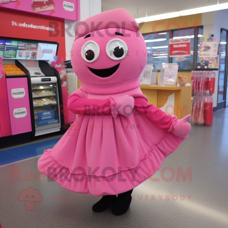 Pink But mascot costume character dressed with a Wrap Skirt and Mittens