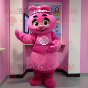 Pink But mascot costume character dressed with a Wrap Skirt and Mittens