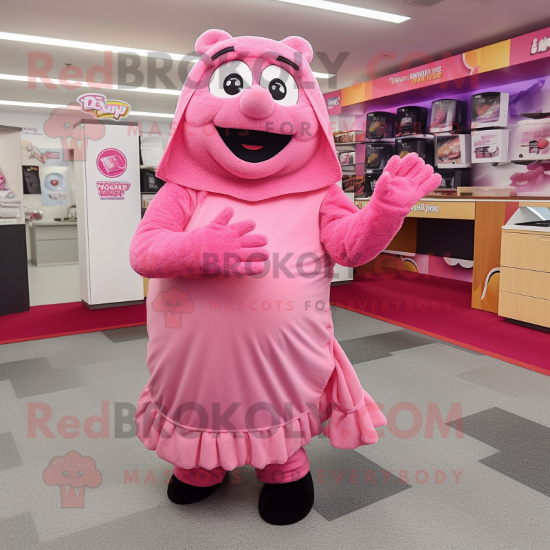 Pink But mascot costume character dressed with a Wrap Skirt and Mittens Pink But mascot costume character dressed with a Wrap Skirt and Mittens