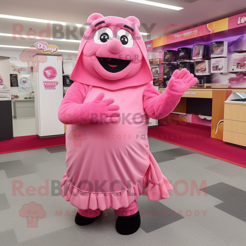 Pink But mascot costume character dressed with a Wrap Skirt and Mittens