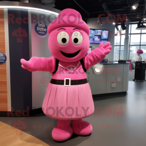 Pink But mascot costume character dressed with a Wrap Skirt and Mittens