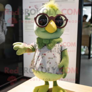 Olive Hens mascot costume character dressed with a Playsuit and Eyeglasses