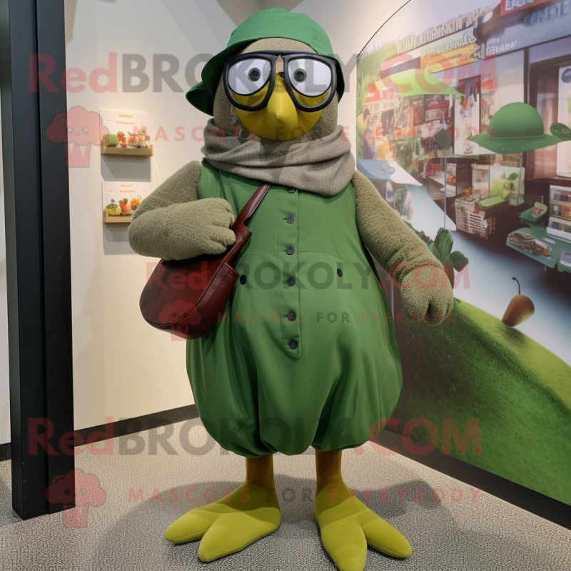 Olive Hens mascot costume character dressed with a Playsuit and Eyeglasses