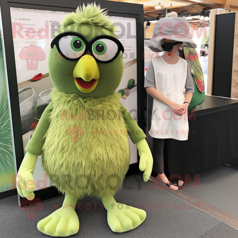 Olive Hens mascot costume character dressed with a Playsuit and Eyeglasses Olive Hens mascot costume character dressed with a Playsuit and Eyeglasses
