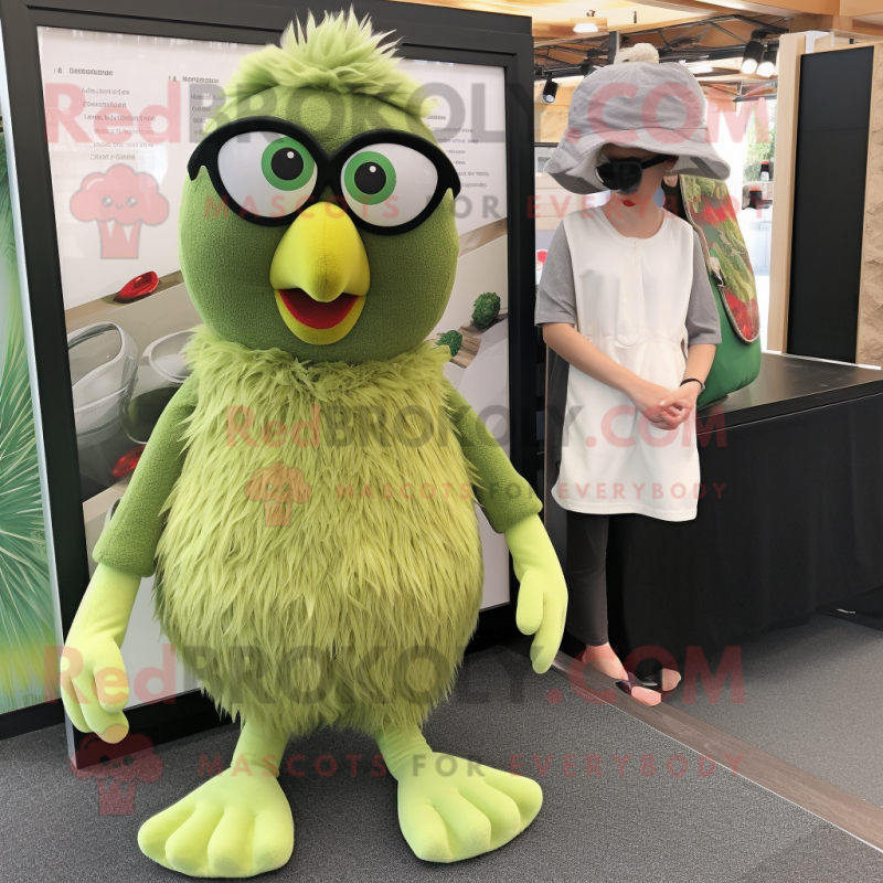 Olive Hens mascot costume character dressed with a Playsuit and Eyeglasses