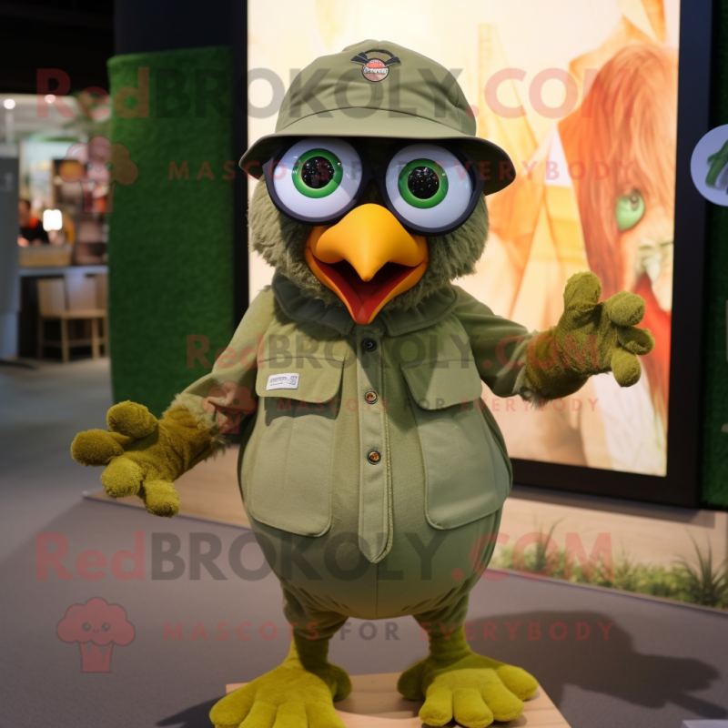 Olive Hens mascot costume character dressed with a Playsuit and Eyeglasses Olive Hens mascot costume character dressed with a Playsuit and Eyeglasses