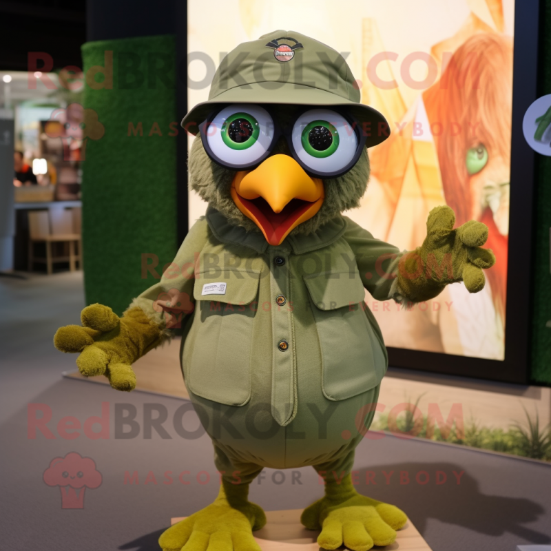 Olive Hens mascot costume character dressed with a Playsuit and Eyeglasses