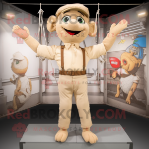 Beige Trapeze Artist mascot costume character dressed with a Cargo Shorts and Cummerbunds
