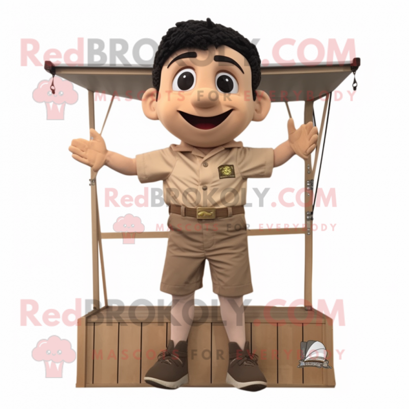 Beige Trapeze Artist mascot costume character dressed with a Cargo Shorts and Cummerbunds