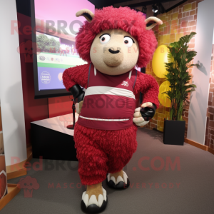 Maroon Sheep mascot costume character dressed with a Leggings and Suspenders