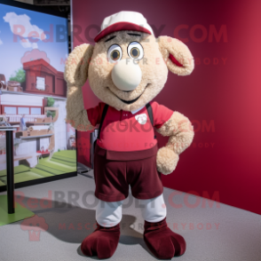 Maroon Sheep mascot costume character dressed with a Leggings and Suspenders