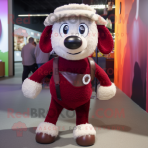 Maroon Sheep mascot costume character dressed with a Leggings and Suspenders