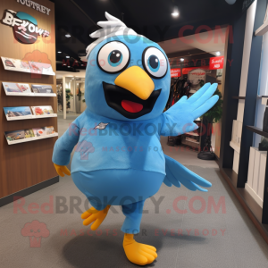 Sky Blue Blackbird mascot costume character dressed with a Running Shorts and Backpacks