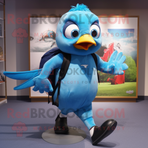 Sky Blue Blackbird mascot costume character dressed with a Running Shorts and Backpacks