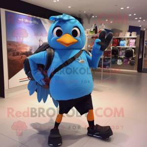 Sky Blue Blackbird mascot costume character dressed with a Running Shorts and Backpacks