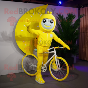 Lemon Yellow Unicyclist mascot costume character dressed with a Rash Guard and Cummerbunds