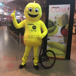 Lemon Yellow Unicyclist mascot costume character dressed with a Rash Guard and Cummerbunds