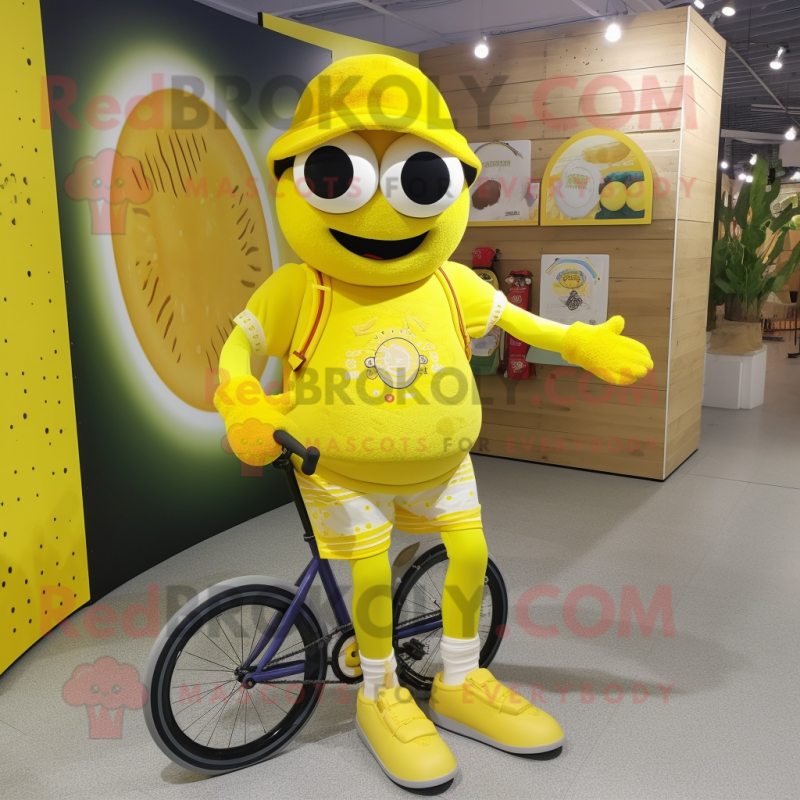 Lemon Yellow Unicyclist mascot costume character dressed with a Rash Guard and Cummerbunds