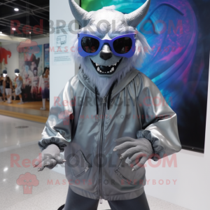 Silver Demon mascot costume character dressed with a Windbreaker and Sunglasses