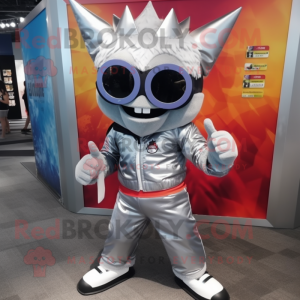 Silver Demon mascot costume character dressed with a Windbreaker and Sunglasses