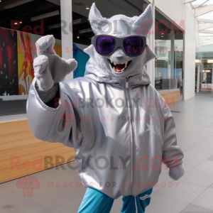 Silver Demon mascot costume character dressed with a Windbreaker and Sunglasses