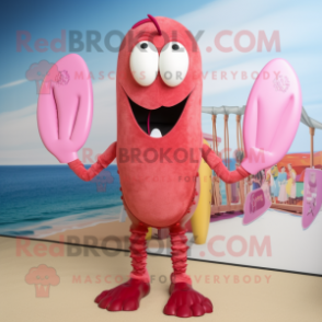 Pink Lobster Bisque mascot costume character dressed with a Board Shorts and Rings