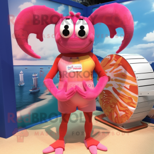 Pink Lobster Bisque mascot costume character dressed with a Board Shorts and Rings