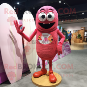 Pink Lobster Bisque mascot costume character dressed with a Board Shorts and Rings