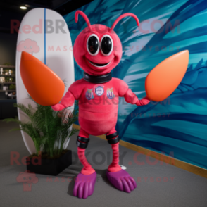 Pink Lobster Bisque mascot costume character dressed with a Board Shorts and Rings