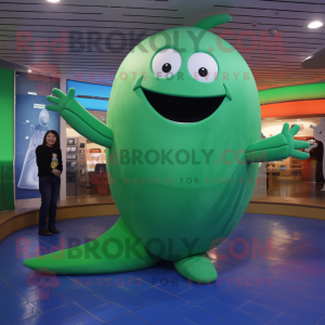 Green Whale mascot costume character dressed with a Bodysuit and Foot pads