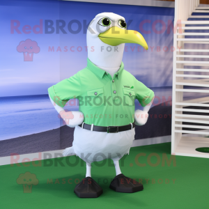 Lime Green Seagull mascot costume character dressed with a Polo Shirt and Belts