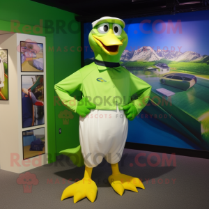 Lime Green Seagull mascot costume character dressed with a Polo Shirt and Belts