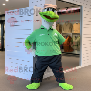 Lime Green Seagull mascot costume character dressed with a Polo Shirt and Belts